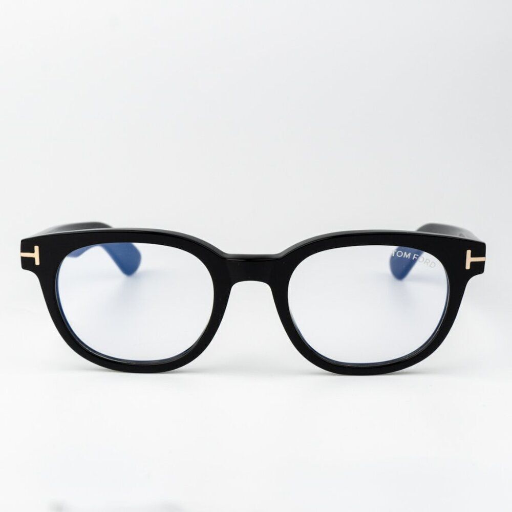 Tom Ford Men Eyeglasses Shiny Black Clear Blue Light Block Round FT5807-B/O 001